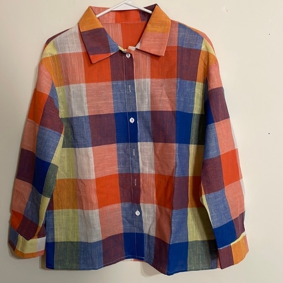 NWT Womens Colorful Plaid Flannel Button Down Blouse - Picture 6 of 14